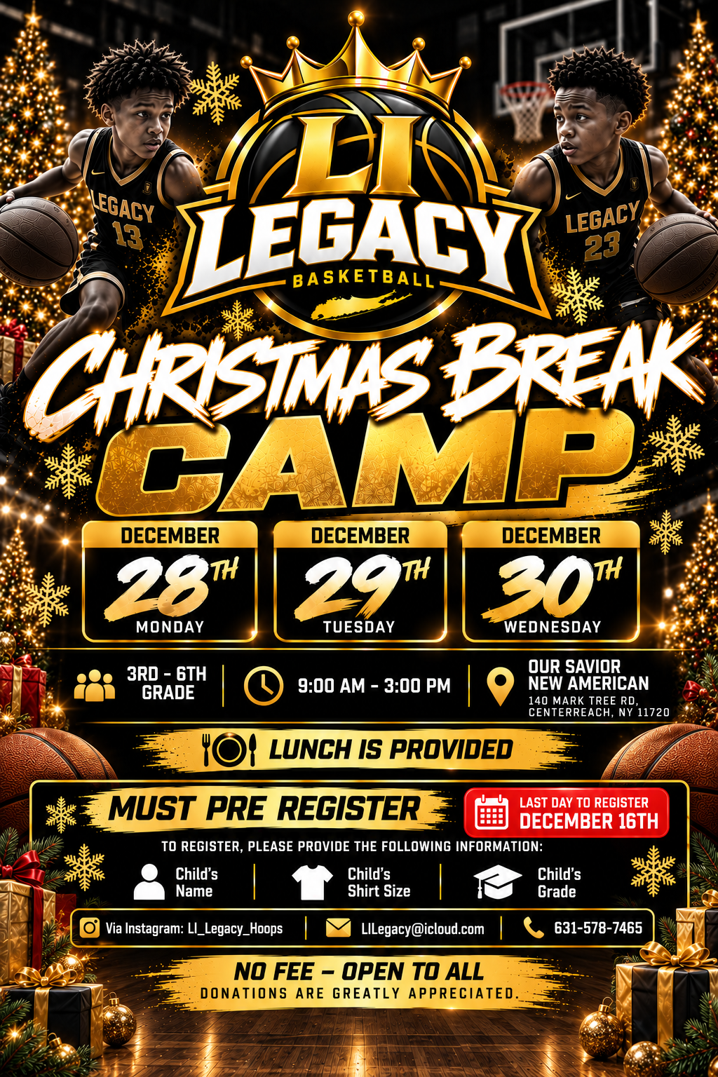 LI Legacy Christmas Break Camp flyer, December 28–30