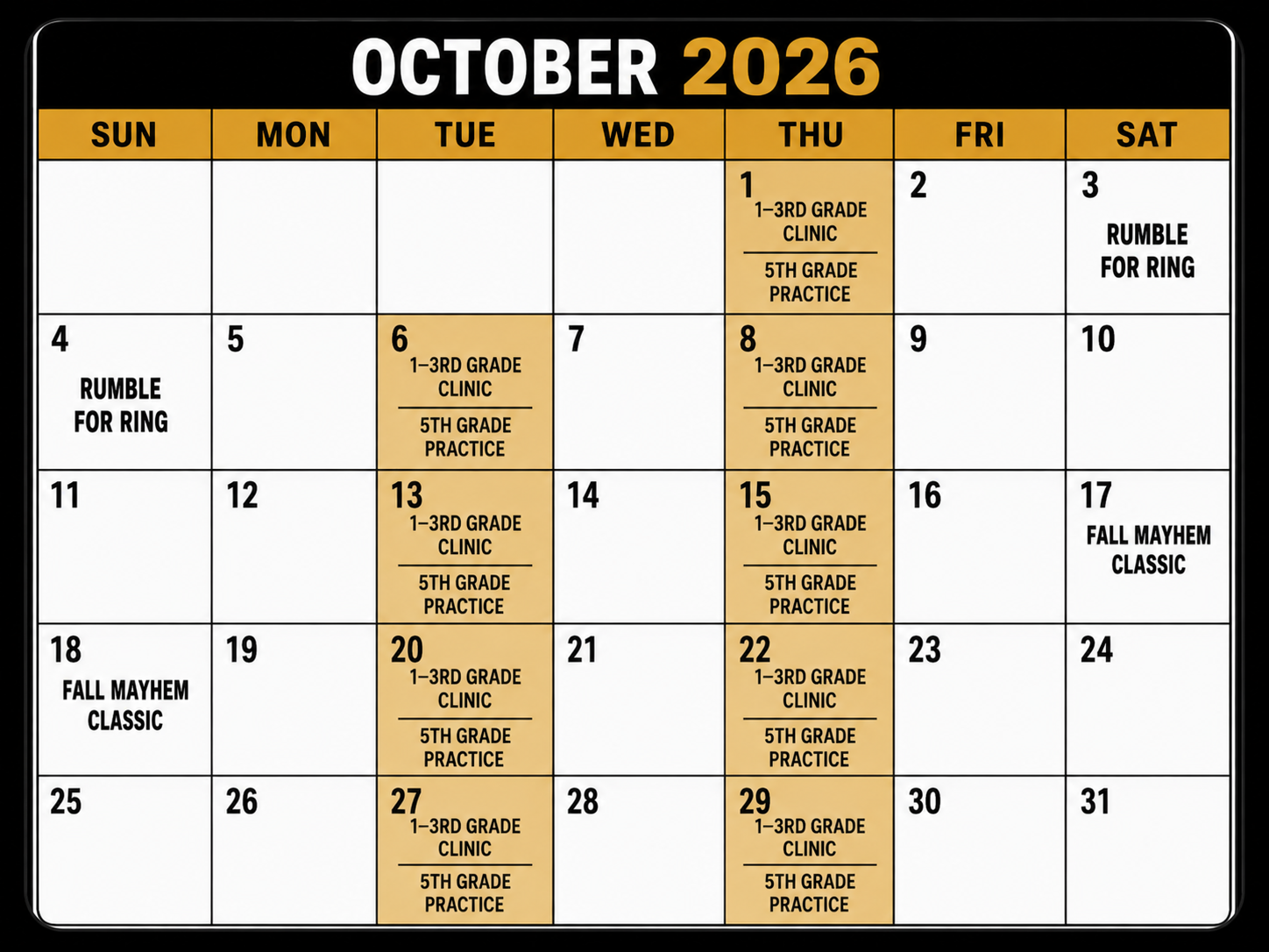 LI Legacy Basketball October 2026 schedule calendar
