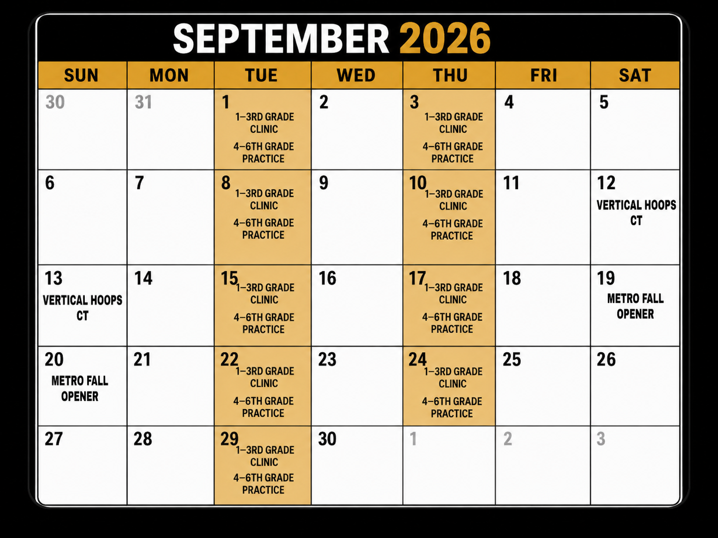 LI Legacy Basketball September 2026 schedule calendar