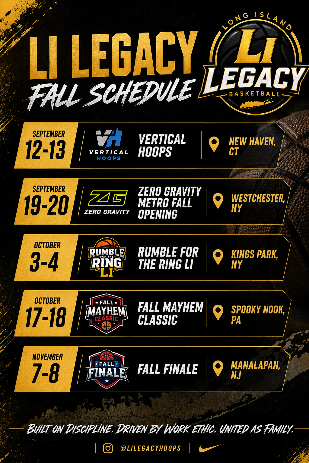 LI Legacy Basketball fall tournament schedule flyer
