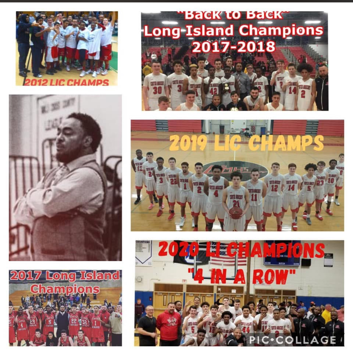 Coach Kai championship history collage — 2012, 2017, 2018, 2019, and 2020 Long Island Champions